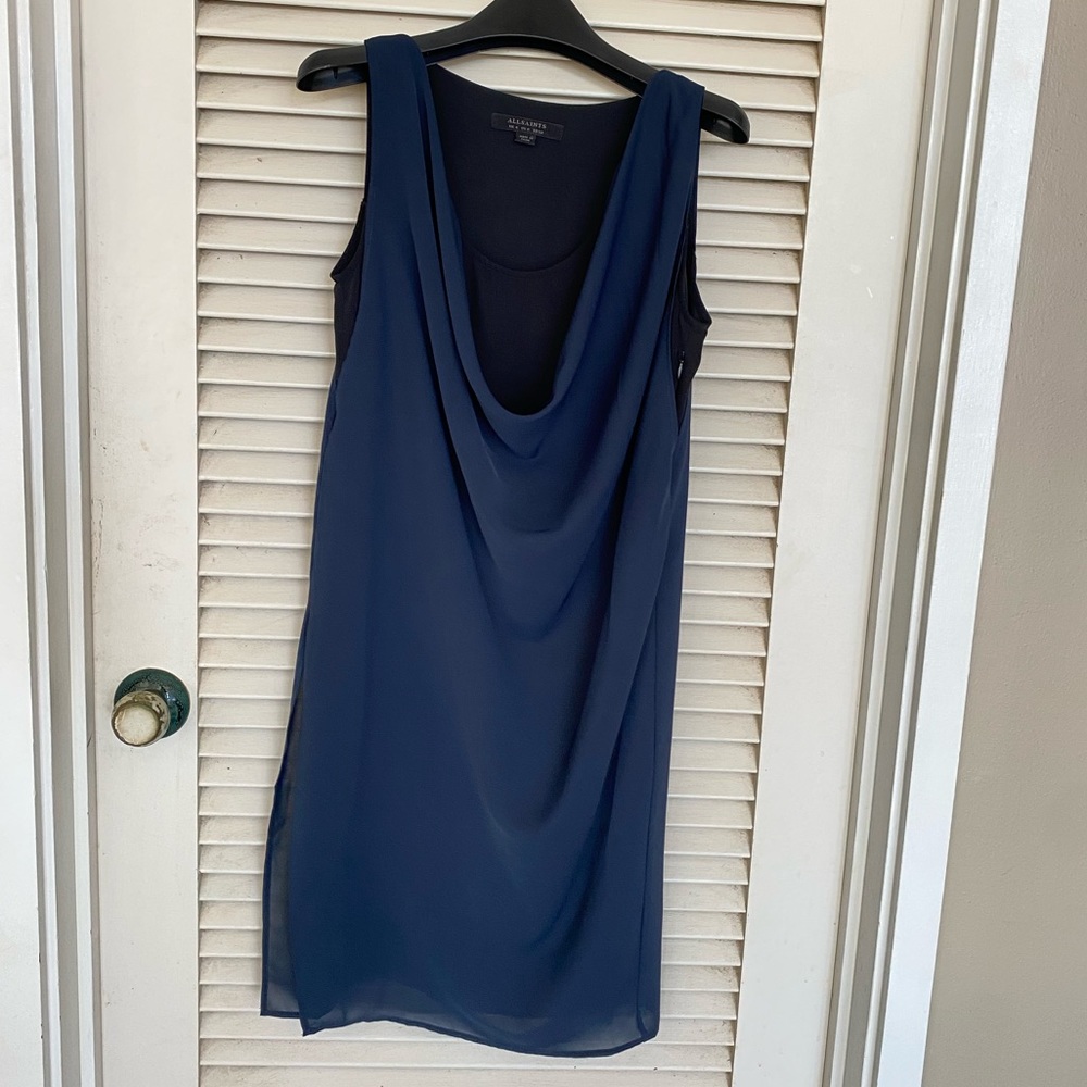 All Saints Dark Navy Blue Cowl Neck two layered dress US 0